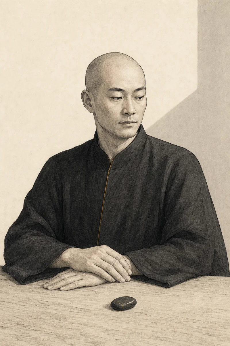 Illustrated portrait of Marcus, the Minimalist - a calm wizard in a charcoal robe at an almost-empty wooden table
