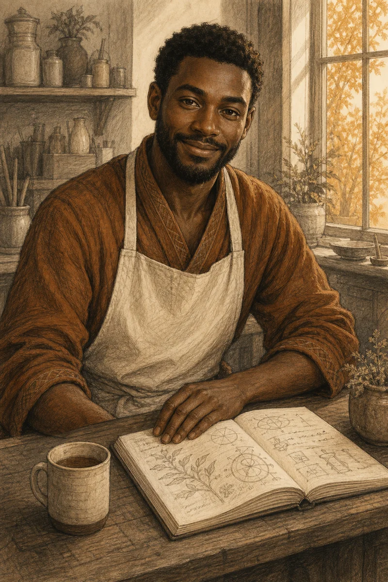 Illustrated portrait of Theo, the Hearth - a smiling wizard in a tobacco robe and cream apron, at a workshop table with a sketchbook and tea
